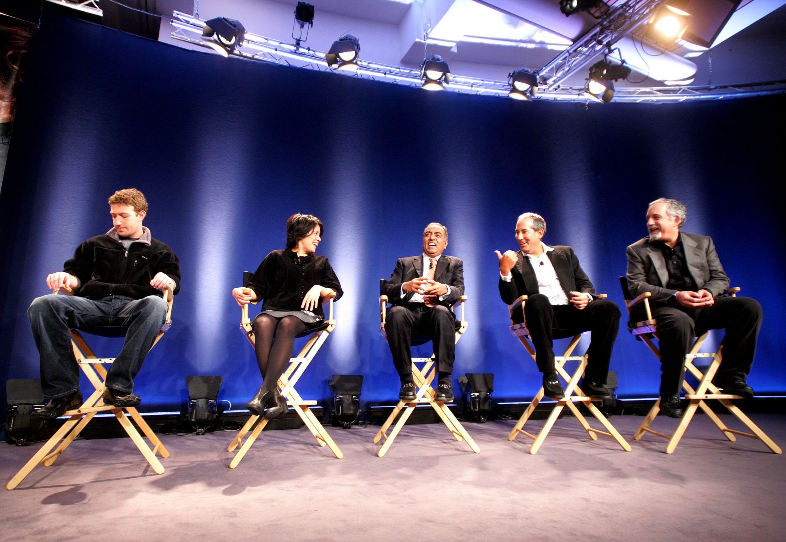 Zuckerberg, far left, attends a panel at the World Economic Forum in Davos, Switzerland, in January 2007. With him, from left, are Flickr co-founder Caterina Fake, Orange CEO Sanjiv Ahuja, Reuters CEO Thomas Glocer and Kapor Enterprises President Mitchell Kapor.