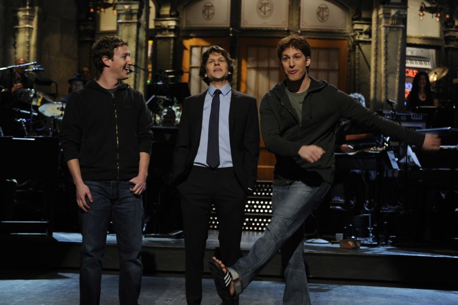 From left, Zuckerberg, Jesse Eisenberg and Andy Samberg appear on a "Saturday Night Live" episode in January 2011. Eisenberg portrayed Zuckerberg in the 2010 film "The Social Network."