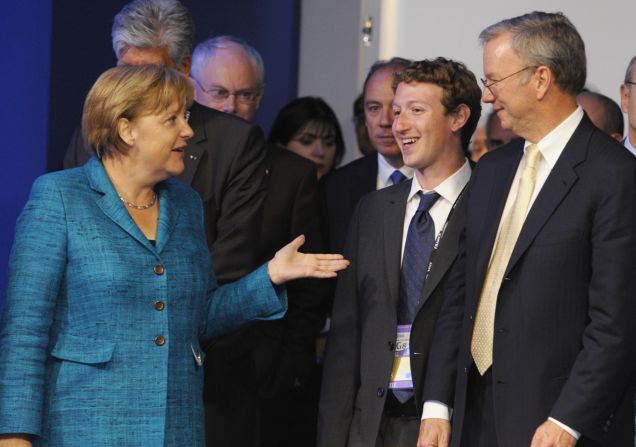 German Chancellor Angela Merkel speaks with Zuckerberg and Google CEO Eric Schmidt at the G8 Summit in May 2011.
