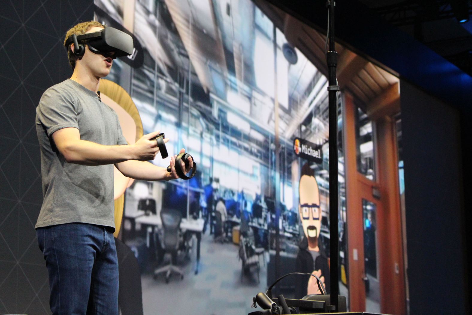 Zuckerberg wears a virtual reality headset while speaking at an Oculus developers conference in San Jose, California, in October 2016.