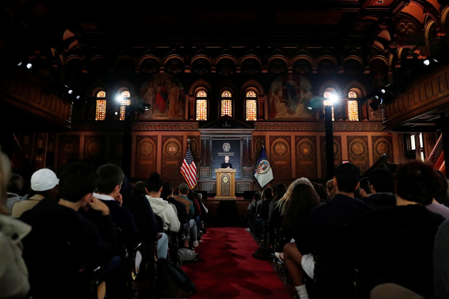 Zuckerberg addresses an audience in October 2019 during a forum about free speech and combating hate speech and misinformation. The forum was hosted by Georgetown University in Washington, DC.