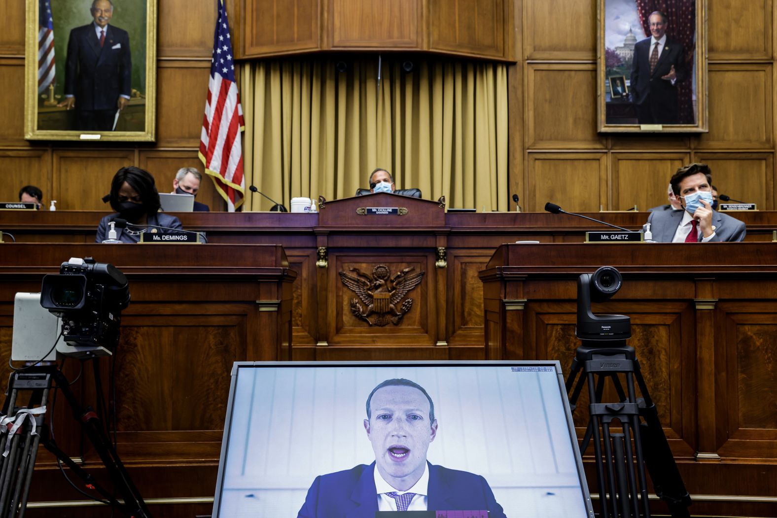 Zuckerberg speaks to a US House subcommittee via video conference in 2020. During a high-profile antitrust hearing, Zuckerberg and three other tech titans — Amazon CEO Jeff Bezos, Apple CEO Tim Cook and Google CEO Sundar Pichai — <a href="https://www.cnn.com/2020/07/29/tech/tech-antitrust-hearing-ceos/index.html" target="_blank">were hit with tough questions and documents</a> that raised concerns about their competitive tactics.