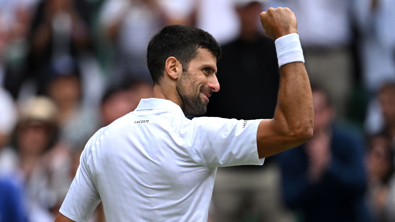 Novak Djokovic of Serbia celebrates against Andrey Rublev in the Wimbledon quarterfinals.