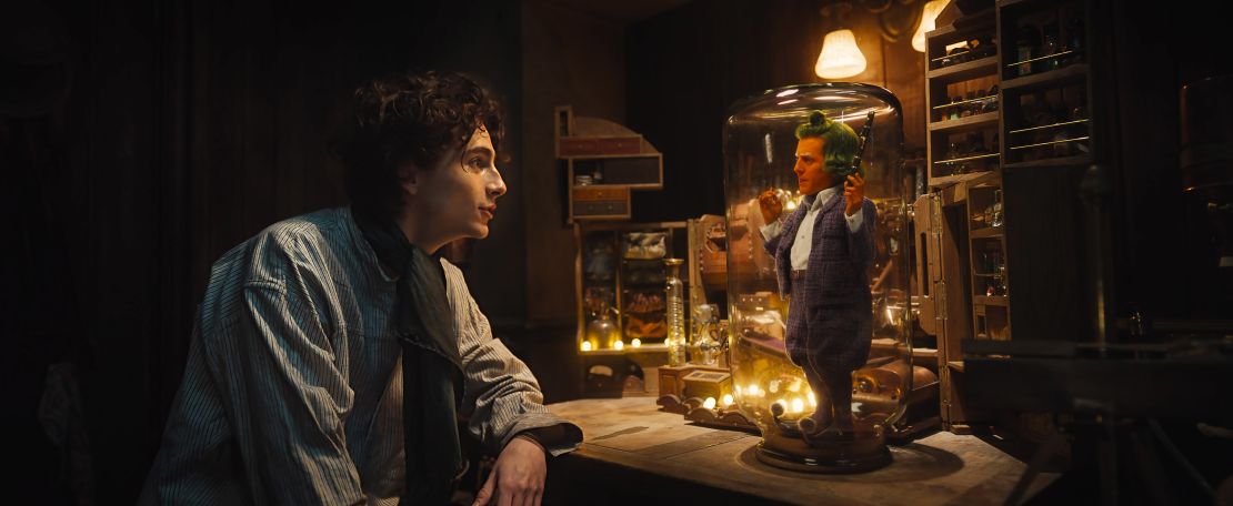 Chalamet as Wonka alongside Hugh Grant as an Oompa Loompa.