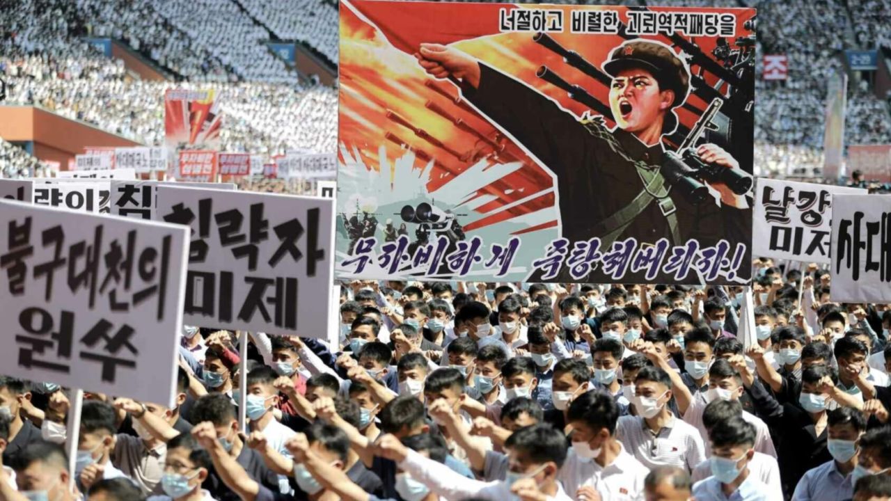 North Korea holds an rally denouncing the US in photo from state media dated June 26, 2023. 