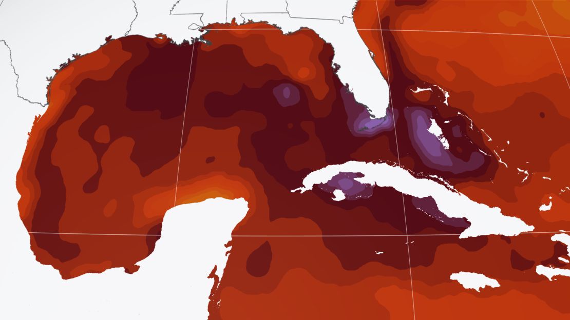 Sea surface temperatures around parts of Florida and the Bahamas are warmer than 90 degrees Fahrenheit, shown here in shades of purple.