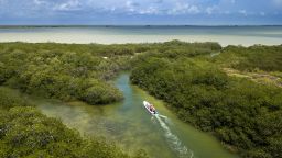 Aerial view of Punta Allen Sian Ka'an Reserve, Yucatan Peninsula, Mexico. Boat excursion in the mangroves In the language of the Mayan peoples who once inhabited this region, Sian Ka'an means Origin of the Sky. Located on the east coast of the Yucatán peninsula, this biosphere reserve contains tropical forests, mangroves and marshes, as well as a large marine section intersected by a barrier reef. It provides a habitat for a remarkably rich flora and a fauna comprising more than 300 species of birds, as well as a large number of the region's characteristic terrestrial vertebrates, which cohabit in the diverse environment formed by its complex hydrological system. Along its roughly 120 kilometres of coastline, the property covers over 400,000 hectares of land ranging from sea level to only ten m.a.s.l. The property boasts diverse tropical forests, palm savannah, one of the most pristine wetlands in the region, lagoons, extensive mangrove stands, as well as sandy beaches and dunes. The 120,000 hectares of marine area protect a valuable part of the Mesoamerican Barrier Reef and seagrass beds in the shallow bays. The lush green of the forests and the many shades of blue of the lagoons and the Caribbean Sea under a wide sky offer fascinating visual impressions.. (Photo by: Sergi Reboredo/VW Pics/Universal Images Group via Getty Images)