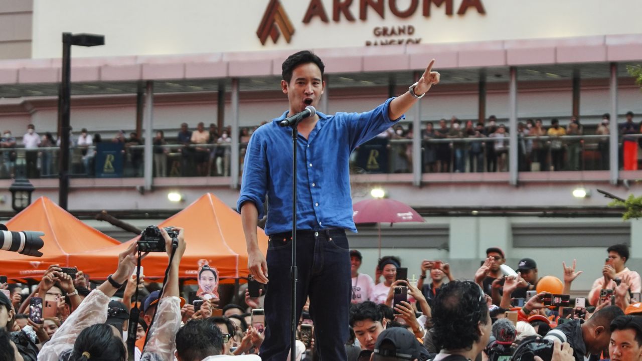 The Move Forward party's leader and prime ministerial candidate Pita Limjaroenrat speaks to supporters during a rally in Bangkok, Thailand, on July 9.