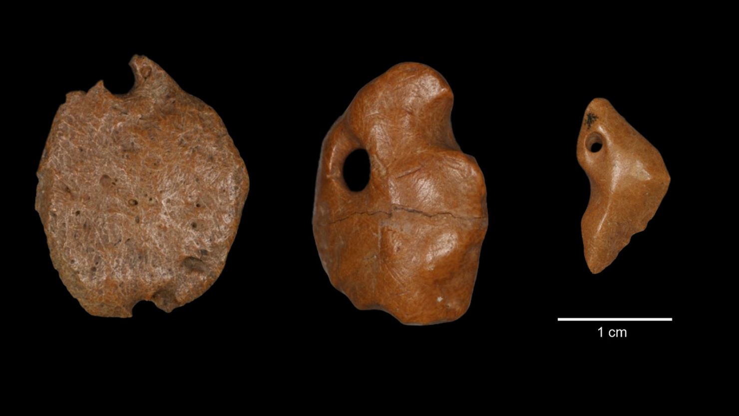 This image provided by researchers shows artifacts made of bony material from a giant sloth discovered at a rock shelter in Brazil, recovered from archaeological layers dated to 25,000 to 27,000 years ago. Research published Wednesday, July 12, 2023, in Britain's Proceedings of the Royal Society B journal, suggests humans lived in South America at the same time as now-extinct giant sloths, bolstering evidence that people arrived in the Americas earlier than once thought. (Thais Rabito Pansani via AP)