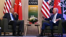 US President Joe Biden (R) and Turkey's President Recep Tayyip Erdogan hold bilateral talks at the NATO Summit in Vilnius on Tuesday