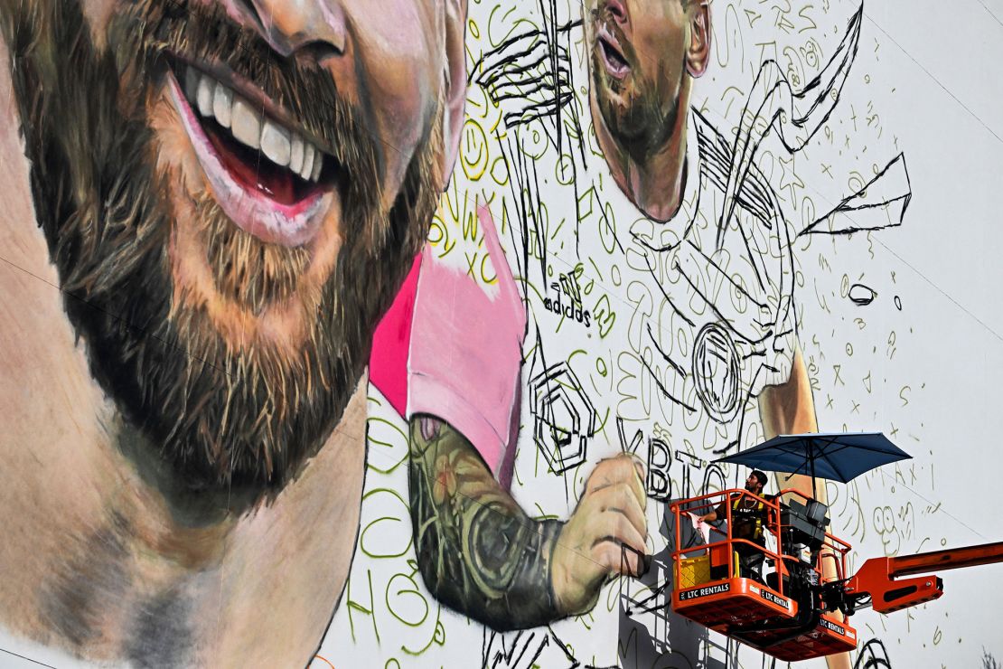 Argentine artist Maximiliano Bagnasco paints a giant mural of international soccer star Lionel Messi in Wynwood, Miami's art district, in Miami, Florida on July 10, 2023. (Photo by CHANDAN KHANNA / AFP) / RESTRICTED TO EDITORIAL USE - MANDATORY MENTION OF THE ARTIST UPON PUBLICATION - TO ILLUSTRATE THE EVENT AS SPECIFIED IN THE CAPTION (Photo by CHANDAN KHANNA/AFP via Getty Images)