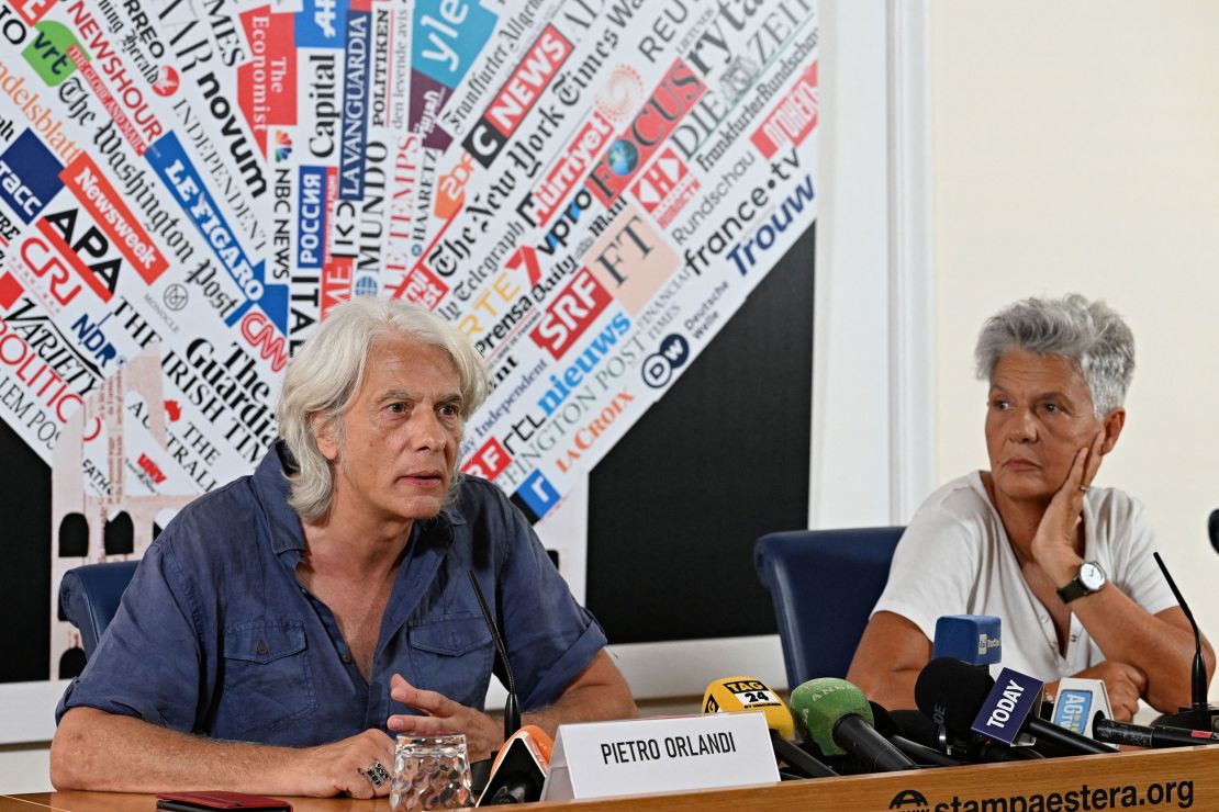 Pietro Orlandi (left) and Natalina Orlandi, siblings of Emanuela Orlandi, deliver a press conference regarding new developments in the case, at the Foreign Press Association in Rome, on July 11, 2023.