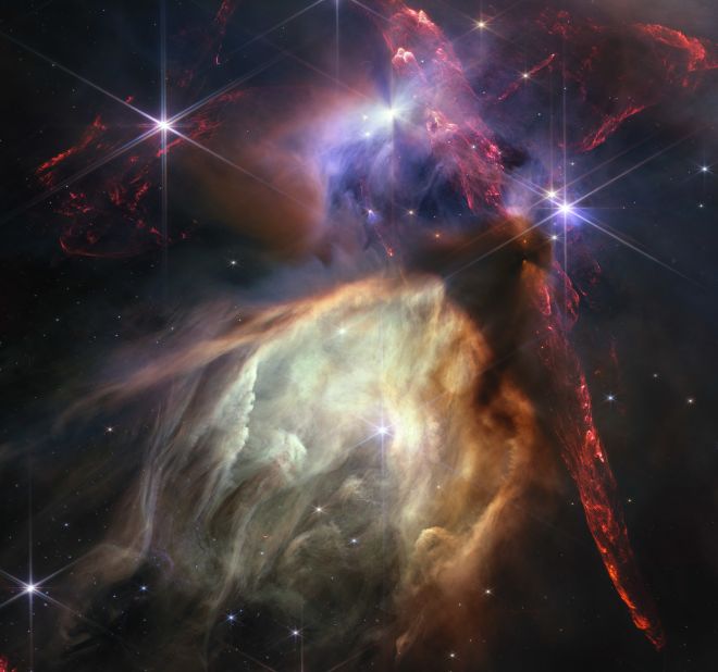 The James Webb Space Telescope captured a detailed closeup of the birth of sunlike stars in the Rho Ophiuchi cloud, the closest star-forming region located 390 light-years from Earth. The young stars release jets that cause the surrounding gas to glow. The image's release marks the first anniversary of Webb's observations of the cosmos.