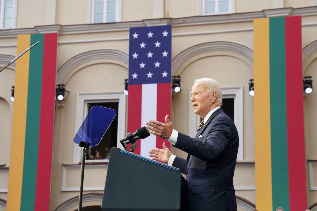 U.S. President Joe Biden delivers a speech at Vilnius University, after the NATO summit, in Vilnius, Lithuania, July 12, 2023. REUTERS/Kevin Lamarque