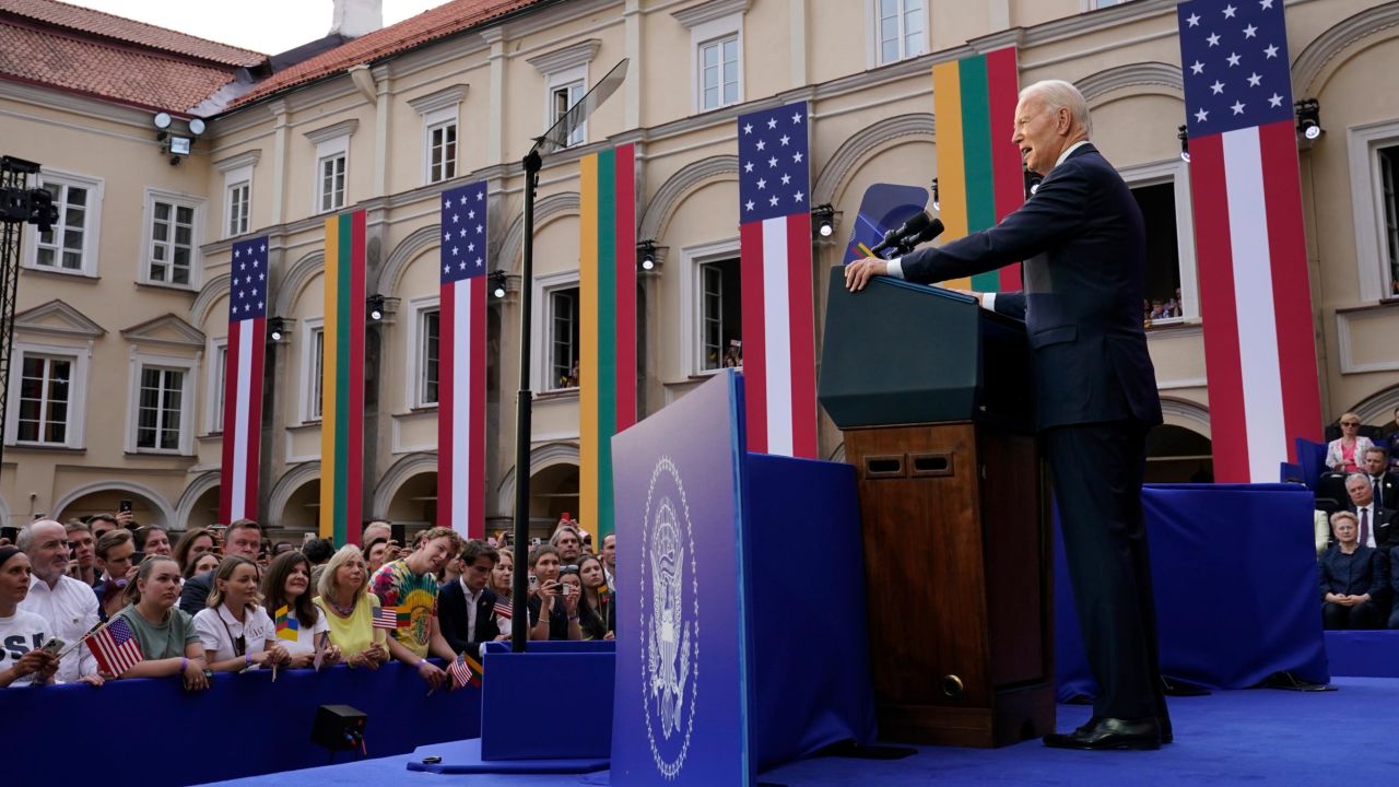 President Joe Biden speaks at Vilnius University in Vilnius, Lithuania, Wednesday, July 12, 2023, after attending the NATO Summit. (AP Photo/Susan Walsh)