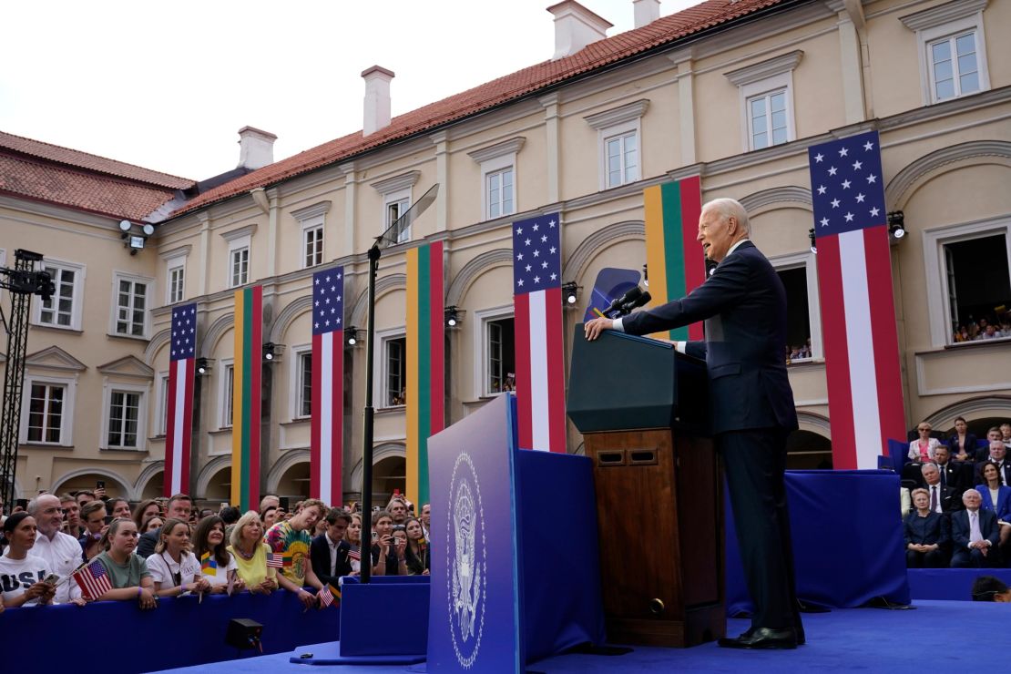 President Joe Biden speaks at Vilnius University in Vilnius, Lithuania, Wednesday, July 12, 2023, after attending the NATO Summit. (AP Photo/Susan Walsh)
