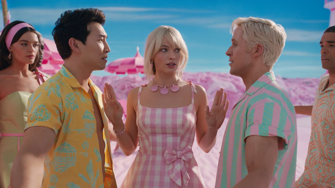 Simu Liu, Margot Robbie and Ryan Gosling in "Barbie."