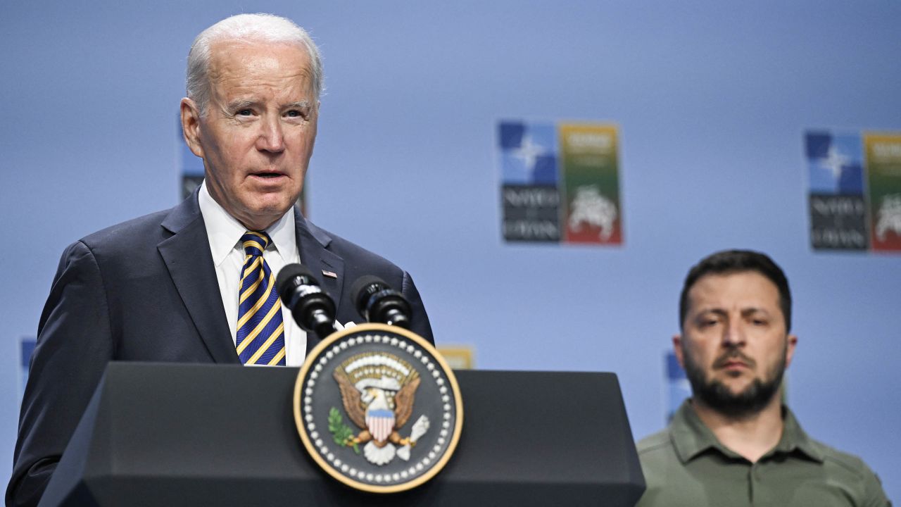 US President Joe Biden delivers a speech next to Ukrainian President Volodymyr Zelensky during an event with G7 leaders to announce a Joint Declaration of Support for Ukraine during the NATO Summit in Vilnius on July 12, 2023.
