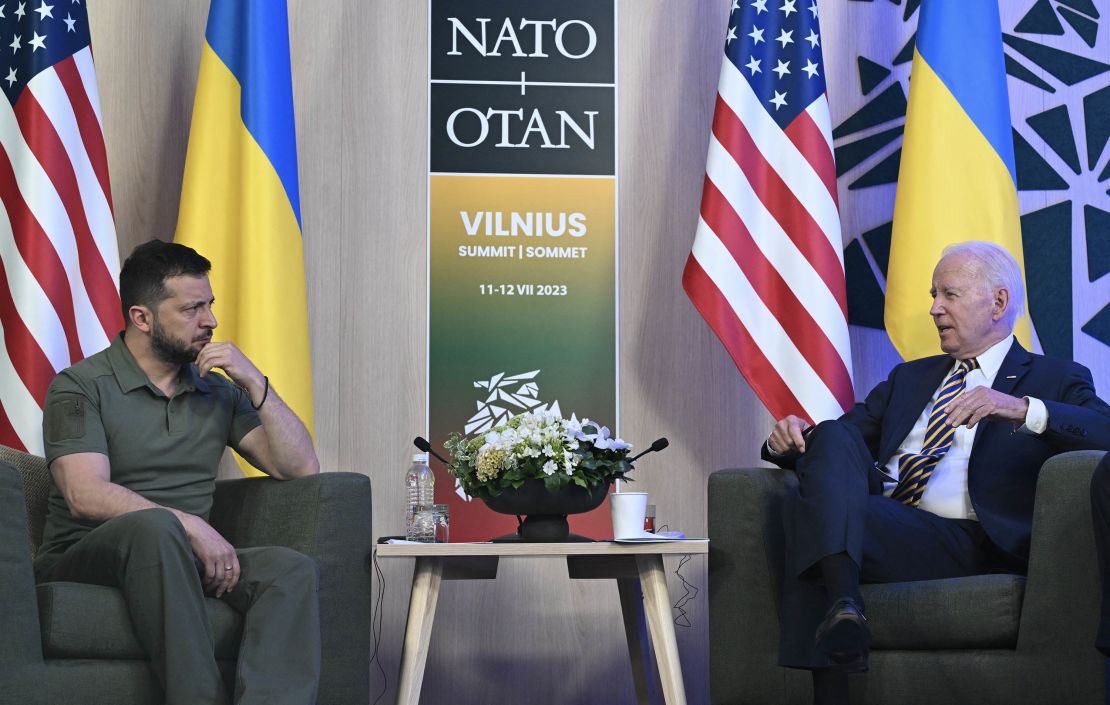 US President Joe Biden (R) attends a meeting with Ukrainian President Volodymyr Zelensky at the sidelines of the NATO Summit in Vilnius on July 12, 2023. (Photo by ANDREW CABALLERO-REYNOLDS / AFP) (Photo by ANDREW CABALLERO-REYNOLDS/AFP via Getty Images)