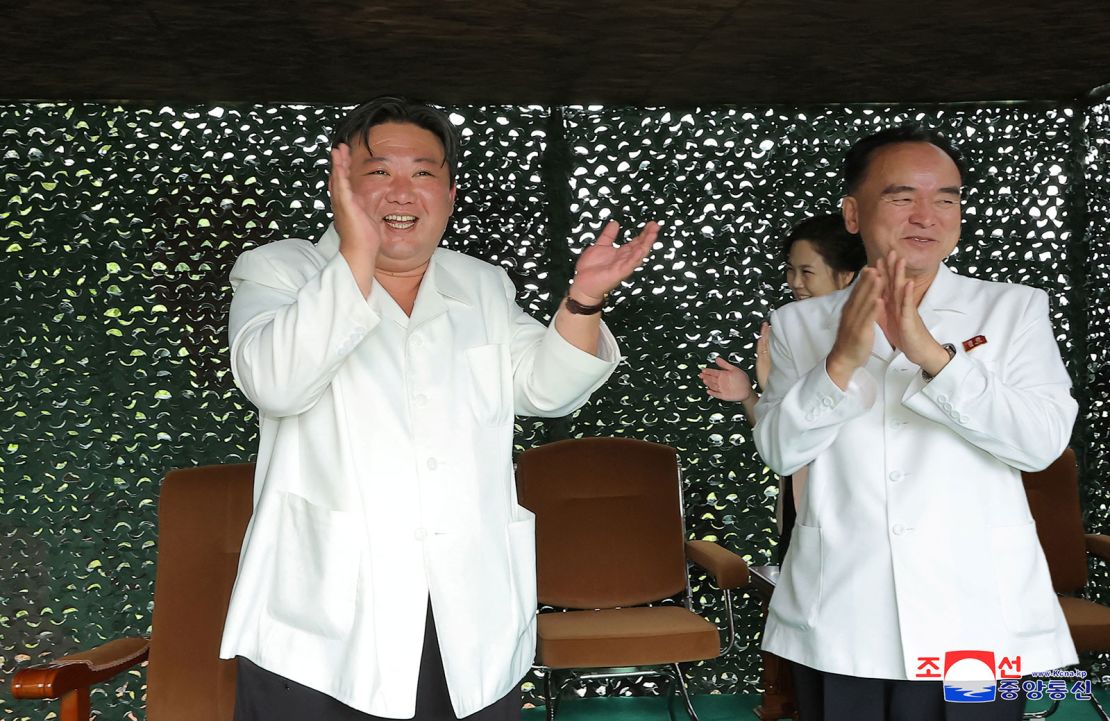 North Korean leader Kim Jong Un reacts as Hwasong-18 intercontinental ballistic missile is launched from an undisclosed location in North Korea in this image released by North Korea's Korean Central News Agency on July 13, 2023.