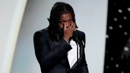 Damar Hamlin of the Buffalo Bills presents the Pat Tillman award for service at the ESPY awards Wednesday at the Dolby Theatre in Los Angeles. 
