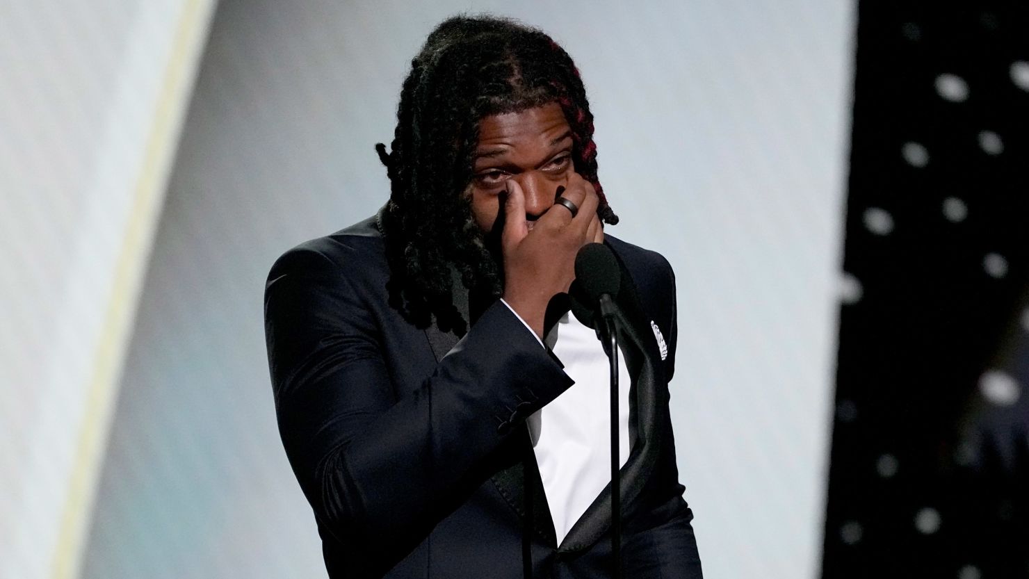 Damar Hamlin of the Buffalo Bills presents the Pat Tillman Award for Service at the ESPY awards in Los Angeles on Wednesday. 