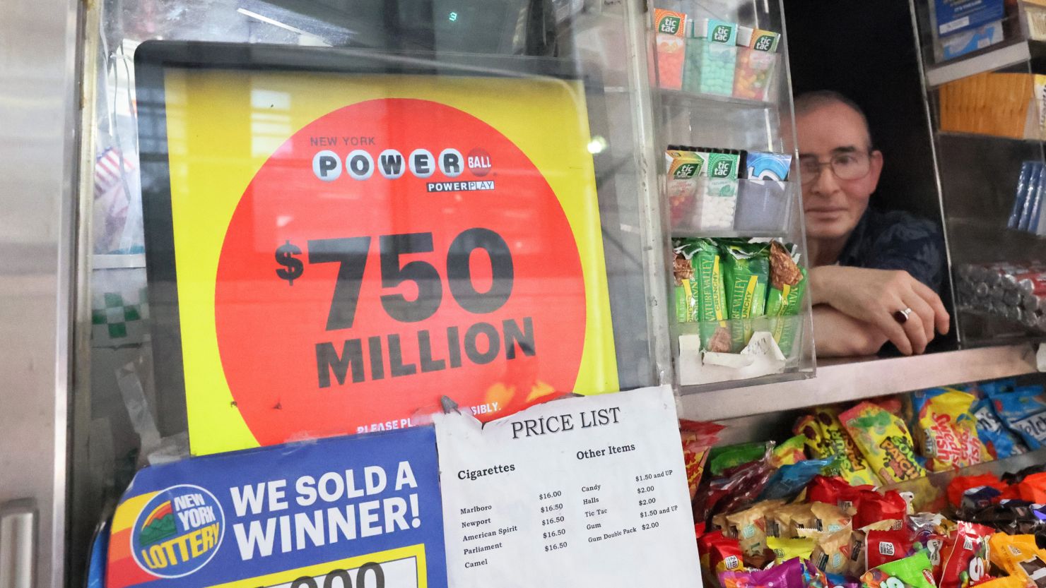 A Powerball lottery advertisement is displayed at a newsstand on July 12 in New York City. 