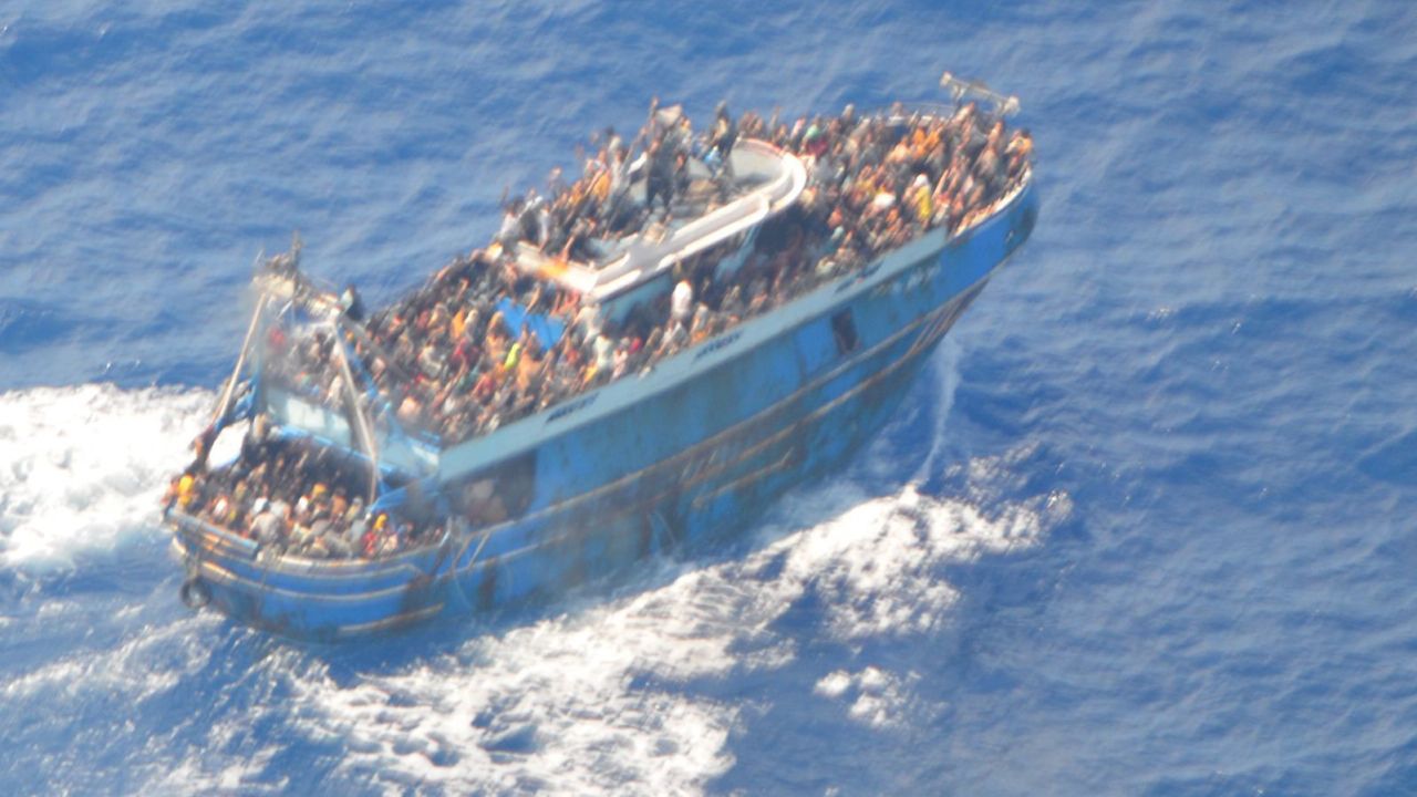 AT SEA, GREECE: This undated handout image provided by Greece's coast guard, appear to show an overcrowded fishing boat that later capsized and sank off southern Greece on June 14, 2023. (Photo by Handout/Hellenic Coast Guard via Getty Images)