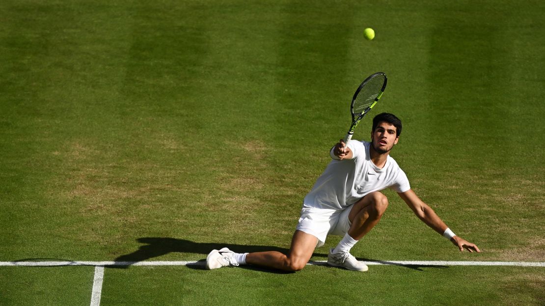 Tennis - Wimbledon - All England Lawn Tennis and Croquet Club, London, Britain - July 12, 2023
Spain's Carlos Alcaraz in action during his quarter final match against Denmark's Holger Rune REUTERS/Dylan Martinez