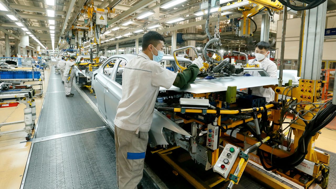 A car assembly line at a FAW-Volkswagen factory in Qingdao, China, photographed in January