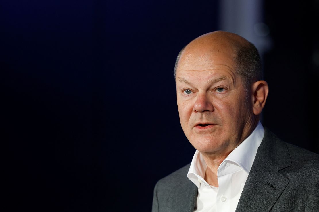 German Chancellor Olaf Scholz pictured Thursday at a Siemens event in Bavaria, Germany