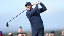 ST ANDREWS, SCOTLAND - OCTOBER 02: Rory McIlroy of Northern Ireland tees off on the 12th hole on Day Four of the Alfred Dunhill Links Championship on the Old Course St. Andrews on October 02, 2022 in St Andrews, Scotland. (Photo by Oisin Keniry/Getty Images)