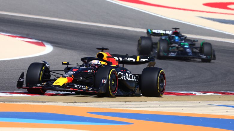 BAHRAIN, BAHRAIN - FEBRUARY 23: Max Verstappen of the Netherlands driving the (1) Oracle Red Bull Racing RB19 leads George Russell of Great Britain driving the (63) Mercedes AMG Petronas F1 Team W14 during day one of F1 Testing at Bahrain International Circuit on February 23, 2023 in Bahrain, Bahrain. (Photo by Mark Thompson/Getty Images)