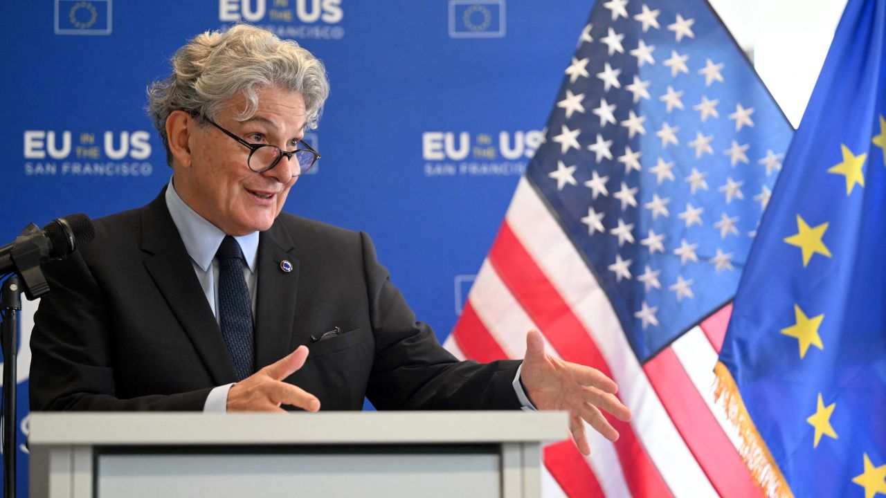 European Commissioner for Internal Market, Thierry Breton, speaks during a news conference at the European Union office in San Francisco, California, on June 22, 2023. (Photo by Josh Edelson / AFP) (Photo by JOSH EDELSON/AFP via Getty Images)