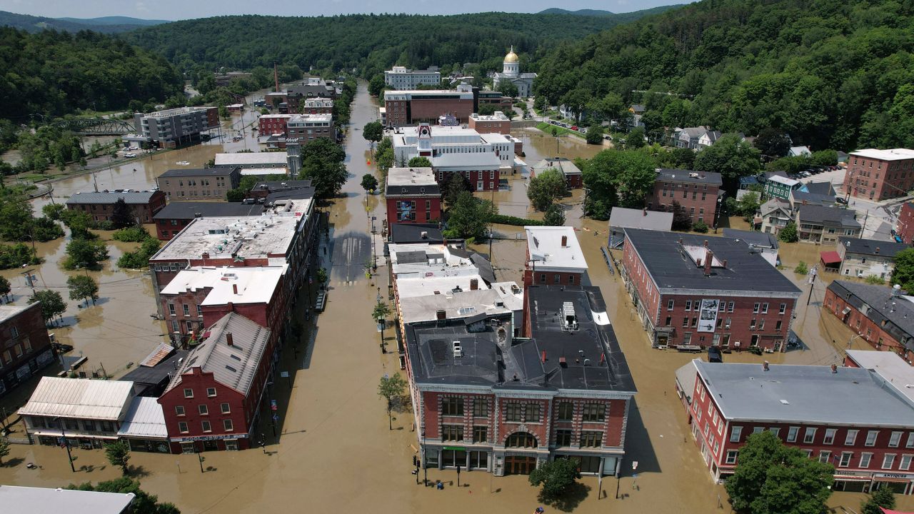 Streets are seen flooded by recent rainstorms in Montpelier, Vermont.