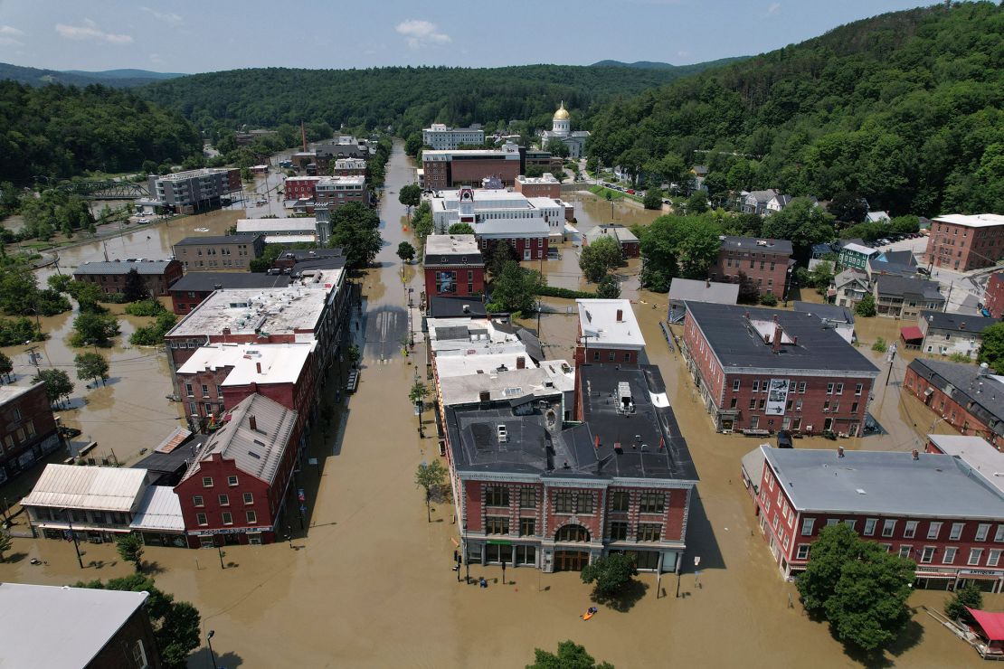 Streets are seen flooded by recent rainstorms in Montpelier, Vermont.