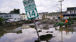 Mud and floodwaters block a street in Barre, Vermont.