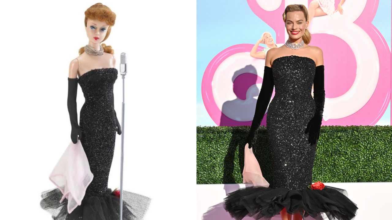 Robbie wore Schiaparelli couture to update the "Solo in the Spotlight" Barbie from 1960 at the film's premiere in Los Angeles.