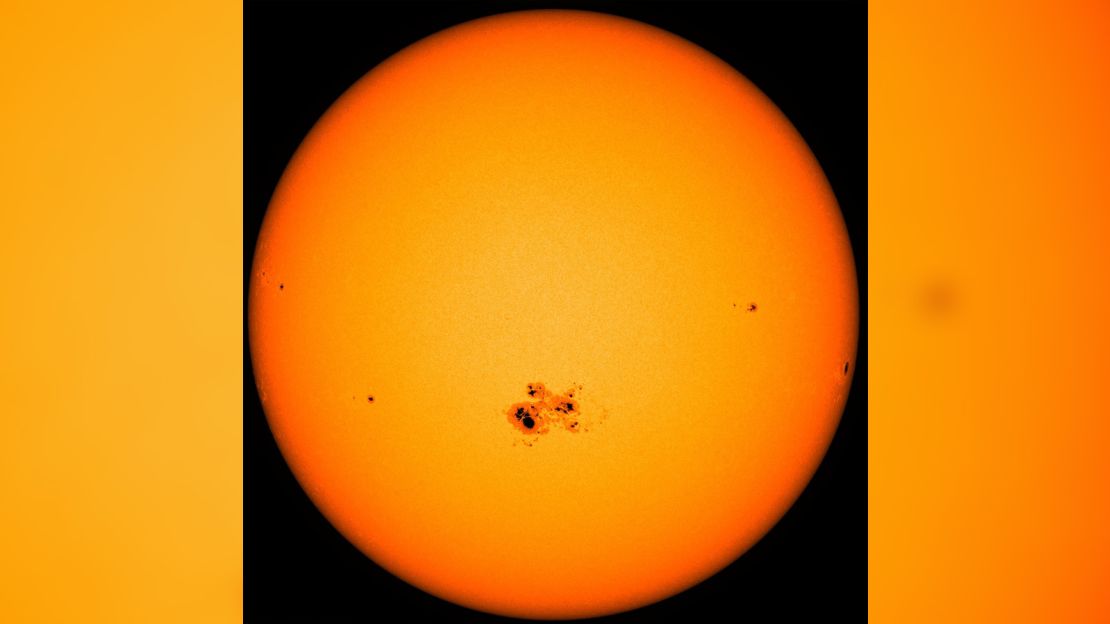 A gigantic sunspot -- almost 80,000 miles across -- can be seen on the lower center of the sun in this image from NASA's Solar Dynamic Observatory captured on Oct. 23, 2014. This active region, named AR2192, is the largest of the current solar cycle. Ten Earth's could be laid across its diameter.