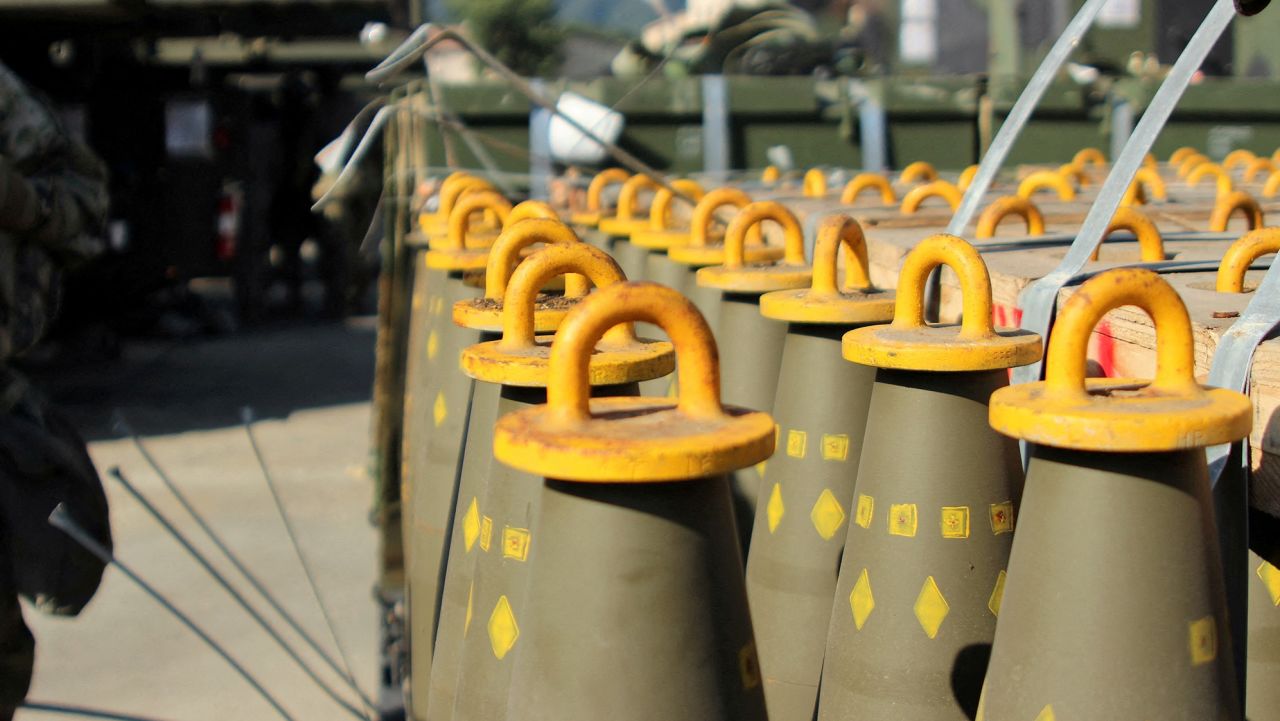 FILE PHOTO: Dozens of 155mm Base Burn Dual Purpose Improved Conventional Munitions (DPICM) rounds wait to be loaded at a U.S. Army motor pool at Camp Hovey, South Korea September 20, 2016.  U.S. Army/2nd Lt. Gabriel Jenko/Handout via REUTERS 
THIS IMAGE HAS BEEN SUPPLIED BY A THIRD PARTY./File Photo