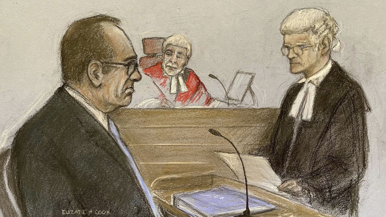 Court artist sketch by Elizabeth Cook of actor Kevin Spacey giving evidence at Southwark Crown Court, London.