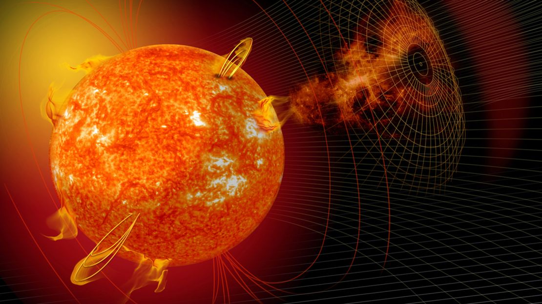 Artist's depiction of an active sun that has released a coronal mass ejection or CME. CMEs are magnetically generated solar phenomenon that can send billions of tons of solar particles, or plasma, into space that can reach Earth one to three days later and affect electronic systems in satellites and on the ground.