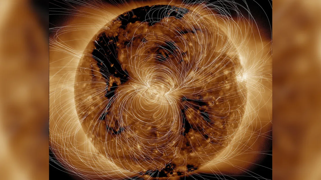NASA's Solar Dynamics Observatory (SDO) scientists used their computer models to generate a view of the Sun's magnetic field on August 10, 2018. The bright active region right at the central area of the Sun clearly shows a concentration of field lines, as well as the small active region at the Sun's right edge, but to a lesser extent. Magnetism drives the dynamic activity near the Sun's surface.
SDO is managed by NASA's Goddard Space Flight Center, Greenbelt, Maryland, for NASA's Science Mission Directorate, Washington. Its Atmosphere Imaging Assembly was built by the Lockheed Martin Solar Astrophysics Laboratory (LMSAL), Palo Alto, California.
