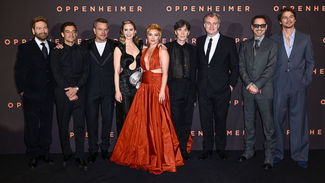 (From left) Kenneth Branagh, Rami Malek, Matt Damon, Emily Blunt, Florence Pugh, Cillian Murphy, Christopher Nolan, Robert Downey Jr. and Josh Hartnett at the UK premiere of "Oppenheimer" in July. 