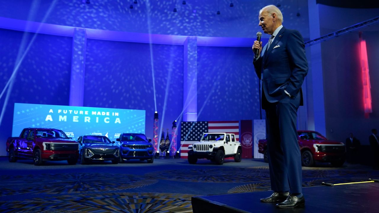 President Joe Biden speaks during a visit to the Detroit Auto Show, Wednesday, Sept. 14, 2022, in Detroit. (AP Photo/Evan Vucci)
