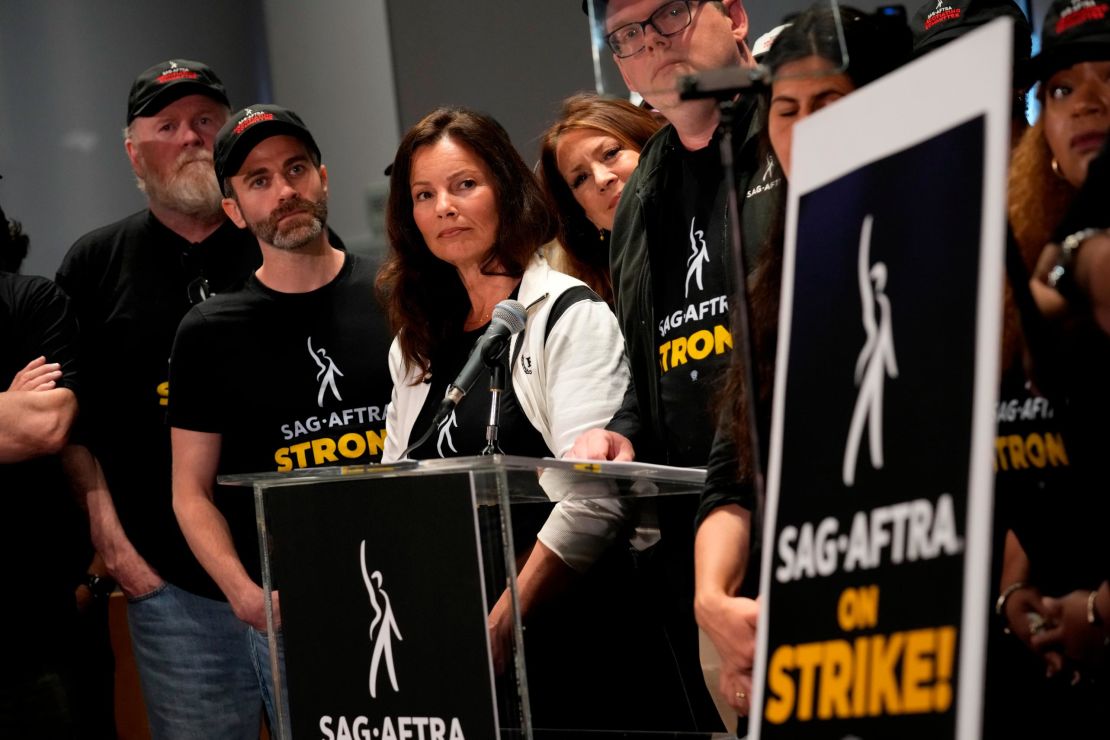SAG-AFTRA President Fran Drescher and SAG-AFTRA Chief Negotiator Duncan Crabtree-Ireland speak at a press conference Thursday announcing a strike by the 160,000 members of the union.