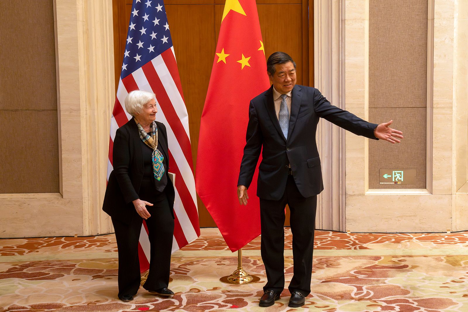 BEIJING, CHINA - JULY 08: Chinese Vice Premier He Lifeng (R) gestures to Treasury Secretary Janet Yellen during a meeting at the Diaoyutai State Guesthouse on July 8, 2023 in Beijing, China. (Photo by Mark Schiefelbein - Pool/Getty Images)