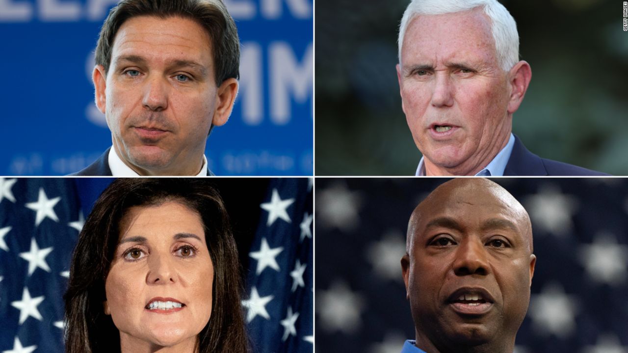 From left, clockwise, Ron DeSantis, Mike Pence, Tim Scott and Nikki Haley.