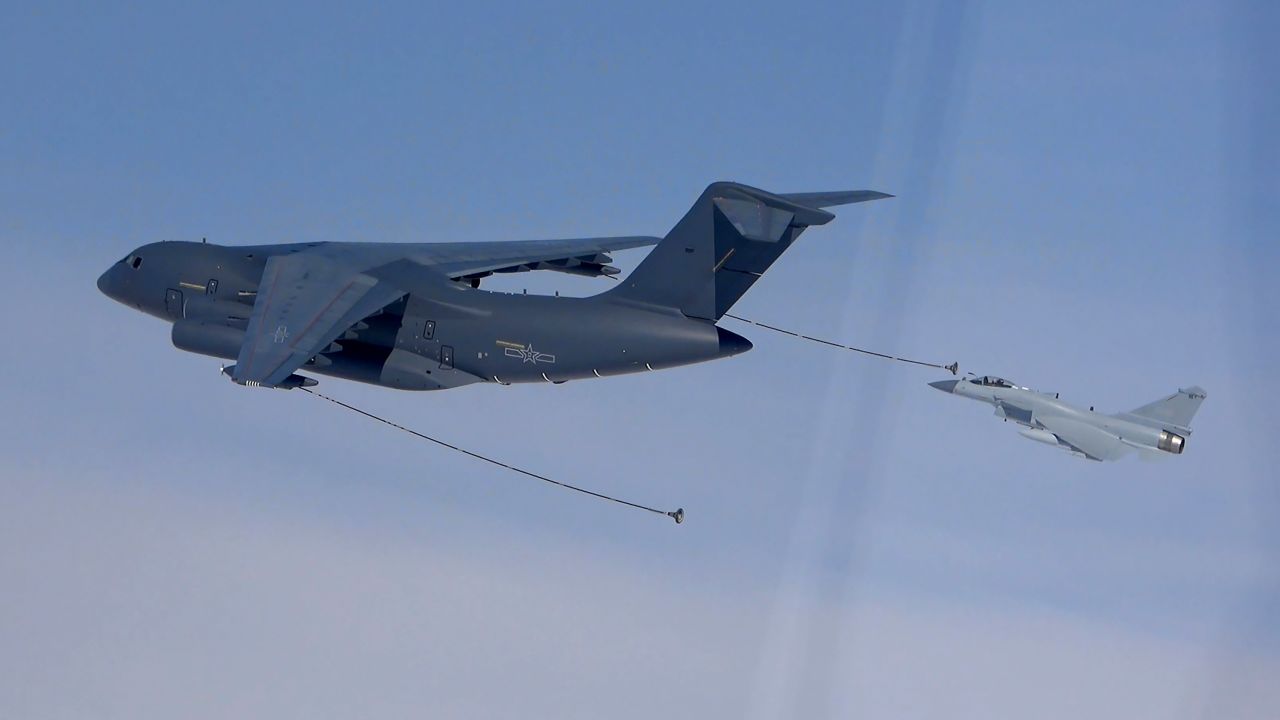 A Chinese fighter jet refuels during military exercises near Taiwan on April 12, 2023.