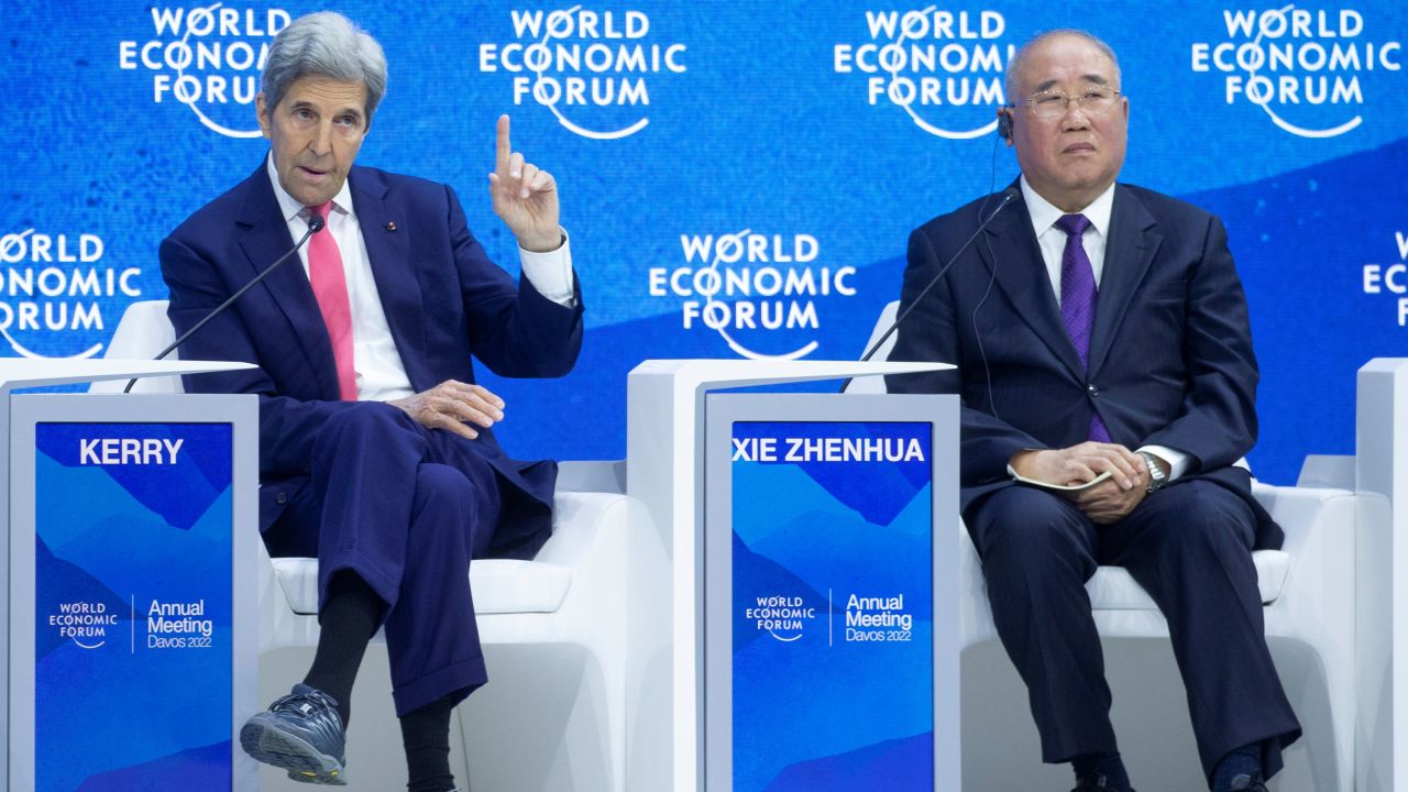 US climate envoy John Kerry and China's chief climate negotiator Xie Zhenhua take part a panel discussion at the World Economic Forum in Davos, Switzerland in May 2022. 